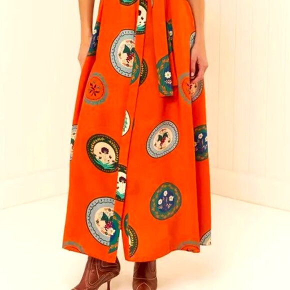 DEEP ORANGE RUST MAXI BUTTON DOWN HALF SLEEVE CIRCLES PRINT WAIST SASH DRESS - Picture 6 of 6